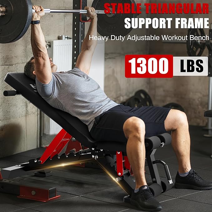 Adjustable Weight Bench - Foldable Workout Bench for Home Gym, PRO Heavy Duty 1300lb Capacity Full Body Strength Training with 8-Level Incline/Flat/Decline Positions & Space-Saving