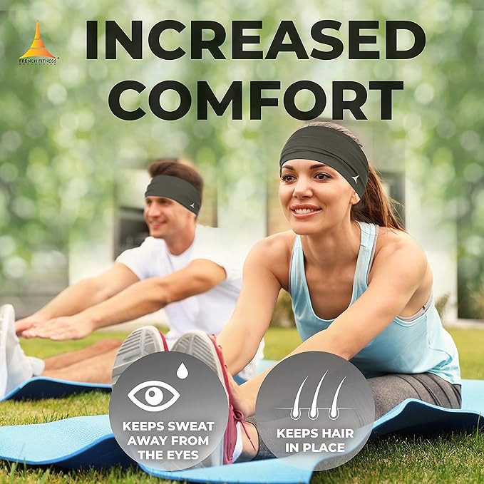 French Fitness Revolution - Stretchy Sports Headband for Men & Women - Guys Sweatband for Running, Cycling, Basketball, Yoga, Fitness - Moisture Wicking Workout Hairband - Made in Europe