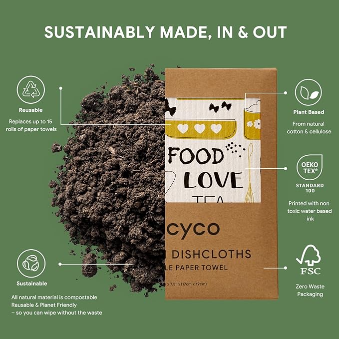 RECYCO Swedish Dishcloths for Kitchen | 6 Pack Kitchens Love Washable Dish Rags | Cellulose Reusable Cleaning Paper Towels | Absorbent Counter Dish Cloth Sponge Kitchen Wipes, 8" L x 7" W