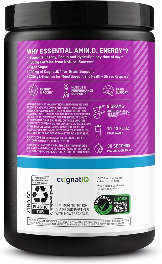 Optimum Nutrition Amino Energy Powder Plus Focus, with BCAA, Electrolytes, and Caffeine, Grape, 30 Servings (Packaging May Vary)