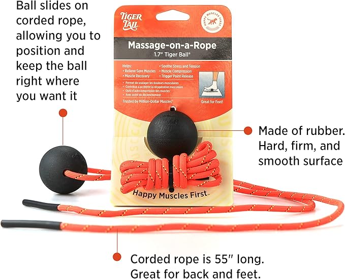 Tiger Tail Tiger Ball 1.7 Foam Roller Ball + 50”+ Corded Rope – Deep Tissue Massage Ball: Feet, Legs, Neck, Back – Trigger Point Massage Therapy – Relieve Muscle Soreness – Muscle Recovery