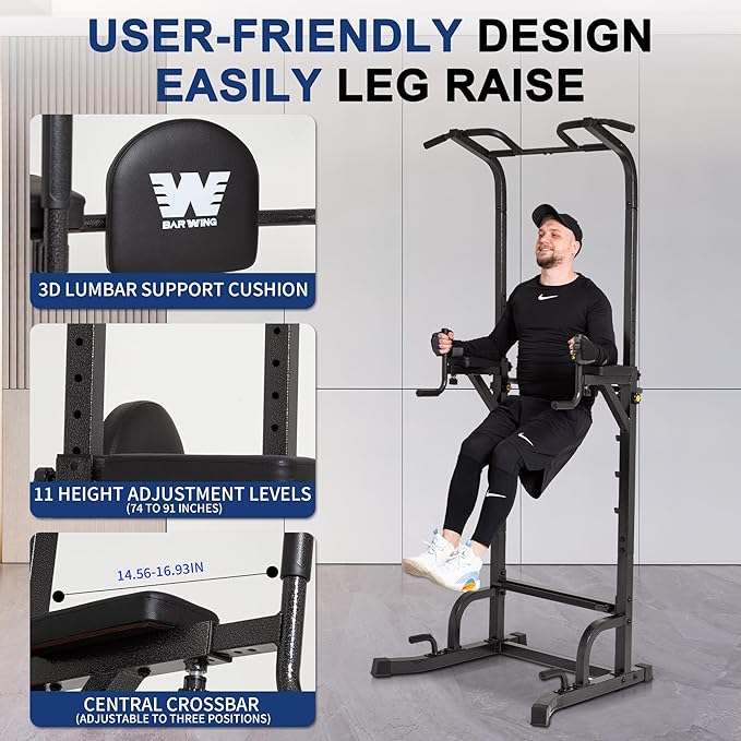 BARWING Pull Up Bar Station, Power Tower, Dip Station with 3D Backrest, Multi-Function Strength Training Stand Rack, Adjustable Height Dip Bar for Home Gym Workout Stand Fitness Exercise Equipment
