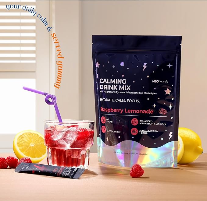 Calm Magnesium Glycinate Drink Mix with Electrolytes – Sugar Free Powder with Ashwagandha, L-Theanine, Vitamin B & GABA – Cortisol Support, Stress Relief, Hydration & Focus - 20 servings (Raspberry)