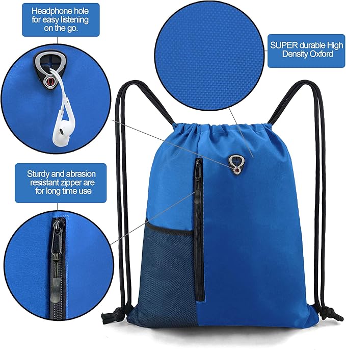 BeeGreen Royalblue Draw Strap Backpack For Men With Water Bottle Pocket &Front Zippered Pocket Large String Bags For Traveling Yoga Beach Outdoor Gym