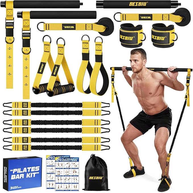 Pilates Bar Kit with Resistance Bands for Working Out, 210lbs Heavy Resistance Bands with Handles, Pilates Equipment with Resistance Band Bar for Men Women, at Home Gym Full Body Workout Equipment