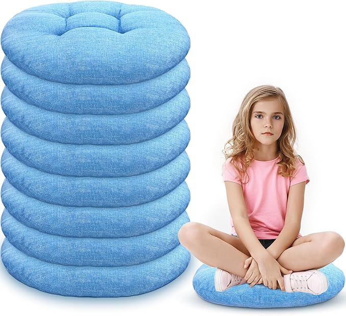 Fumete 8 Pcs 16 Inch Round Floor Cushions for Kids and Toddlers, Flexible Seating Classroom Furniture Floor Pillow for Home, Daycare, Preschool, Yoga and Meditation (Sky Blue)