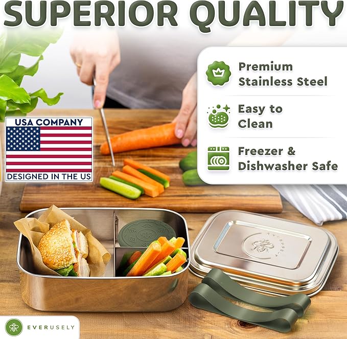 Everusely - Bento Box - Sage, 60oz / 1.8 L - Stainless Steel Lunch Box with Leakproof Condiment Container - 3 Compartment Snack Organizer for On the Go Meals - Freezer & Dishwasher Safe