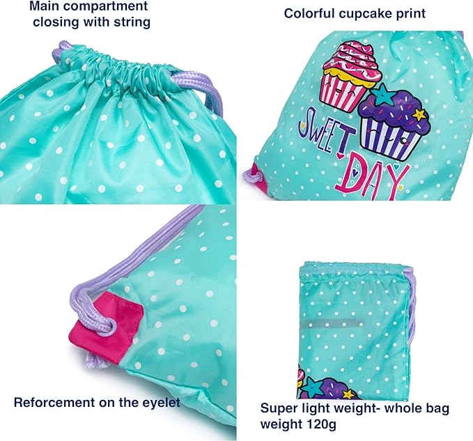 Girls Drawstring Backpack, Sport Cinch Bag (Ice Green -Cupcake)