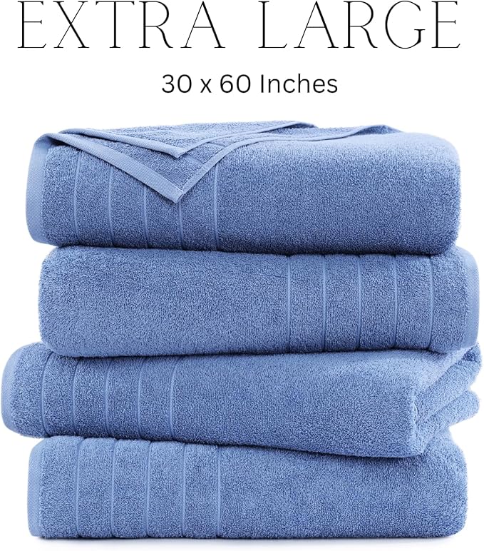 Casa Platino 100% Cotton 4 Pack Bath Towels (30"x60") - Ring Spun Mercerized Cotton Bathroom Towels Set - Quick Dry, Soft & Absorbent Large Bath Towels - Machine Wash in Cold Water - Cerulean Blue