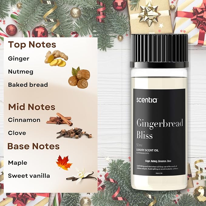Gingerbread Bliss Fragrance Oil – 120ml Christmas Diffuser Oil | Cozy Holiday Blend with Nutmeg, Cinnamon & Vanilla | Aromatherapy for Home, Candles, Soaps & Holiday Décor | Made in USA