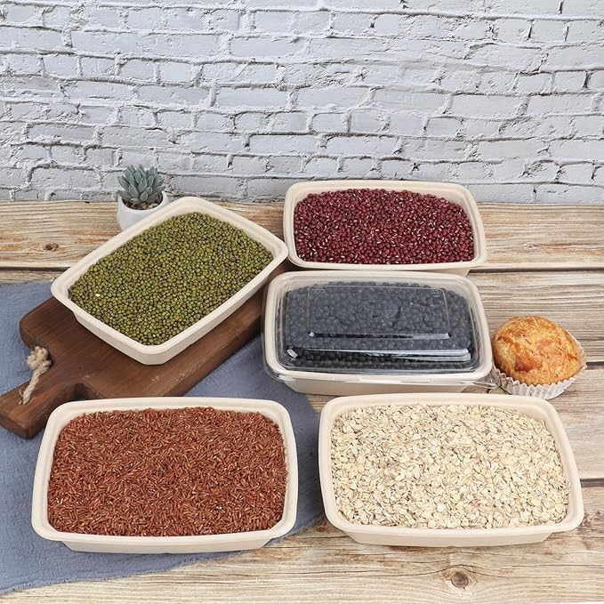 32 oz Rectangle Disposable bowls with lids,Sugarcane Fibers Bowls take away food containers Plant Fibers Freezer Safe 50 Pack