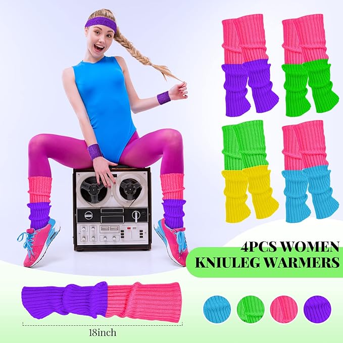 Haysandy 4 Sets 80s 90s Leg Warmers Set for Women Costume Neon Headband Rainbow Wristbands for Sport Yoga Workout Clothes