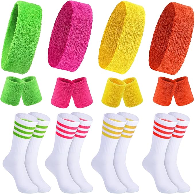 Hillban 80s Workout Outfit 80s Accessories for Women Men Neon Sweatbands Headbands for Tennis Volleyball Sport