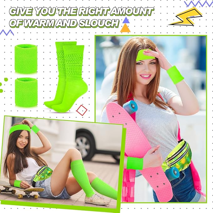 Tarpop 80s Neon Women Slouch Socks 90s Headbands Wristbands Fanny Pack Leg Warmers Sweatbands Waist Bag Women Party Costume