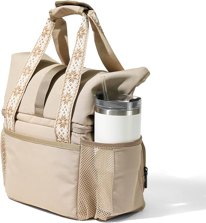 Dual Compartment Insulated Lunch bag, with 2 Leakproof Compartments & Roll-top, 13L lunchbox for work (Oatmeal Beige)