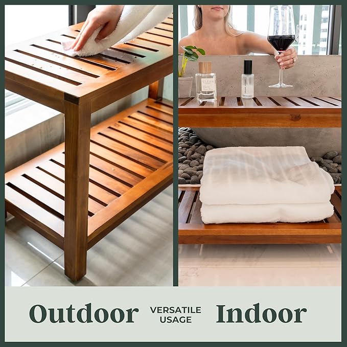 Teak Shower Bench 25 Inch – Fully Assembled Wooden Bench with Shelf, Water-Resistant, Non-Slip Adjustable Feet – Indoor Spa, Garden, or Bathroom Use