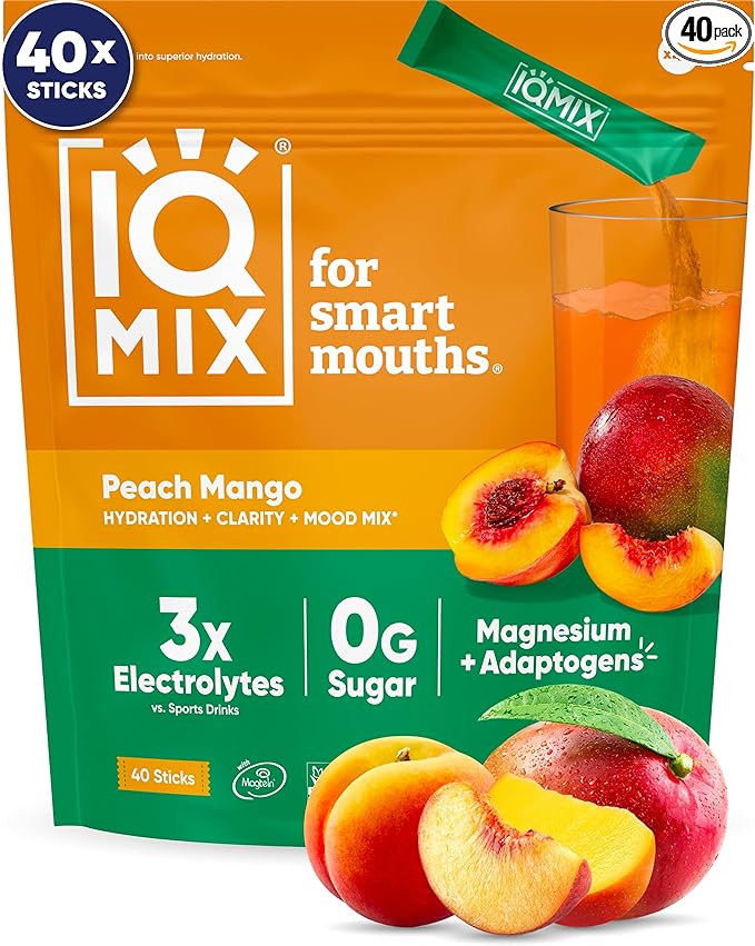 IQMIX Hydration Electrolyte Powder – 4-in-1 Formula for Hydration, Mental Clarity, Mood and Recovery – Sugar-Free Drink Mix, Keto, Magnesium L-Threonate, Lion’s Mane – 40 Count Peach Mango