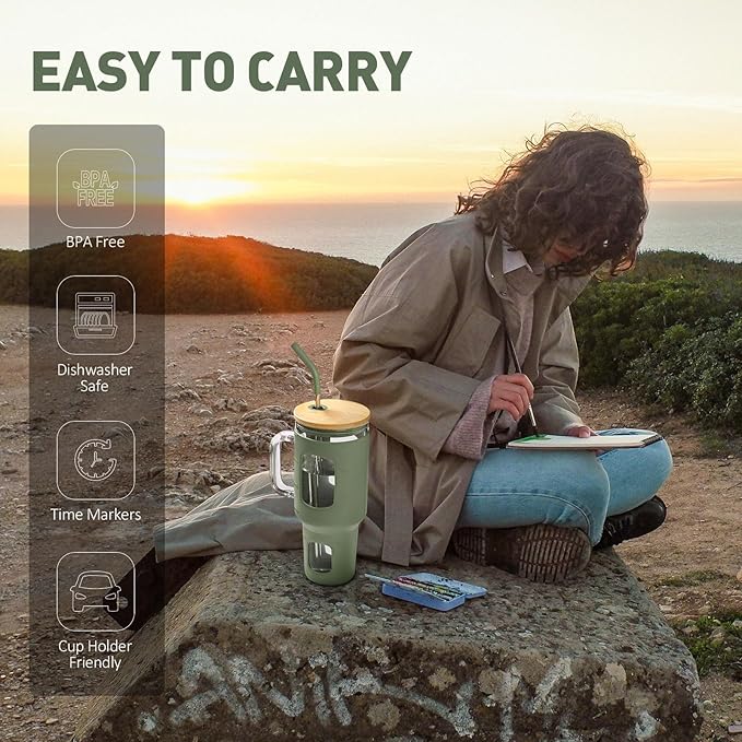 Glass Tumbler with Straw and Lid, 40 oz glass cup with handle, Glass Water Bottles with Time Marker, Silicone Protective Sleeve-Olive