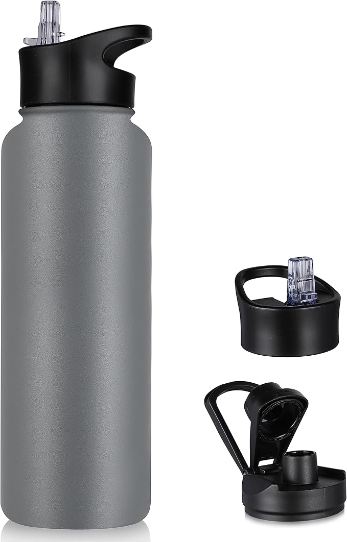 40 oz Insulated Water Bottle with Straw, Stainless Steel Sports Water Bottles with 2 Lids (Straw and Wide Mouth lid), Double Wall Vacuum, Leakproof, BPA-Free, Gray