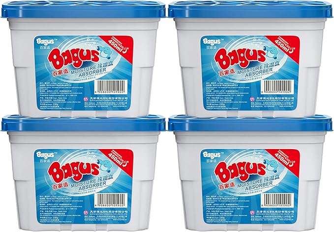 Bagus Moisture Absorbers Boxes (4 Pack) - 10.5 Oz Dehumidification Containers for Closet, Bathroom, Storage, Kitchen, Basement, Car, RV, Boat | Long-Lasting Humidity Control & Odor-Free Solution