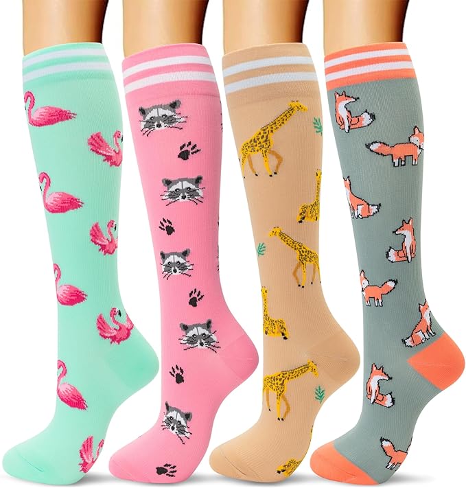 fenglaoda Compression Socks Women Men 4 Pairs, Knee High Support Socks for Running, Sports, Travel, Flight, Nurse