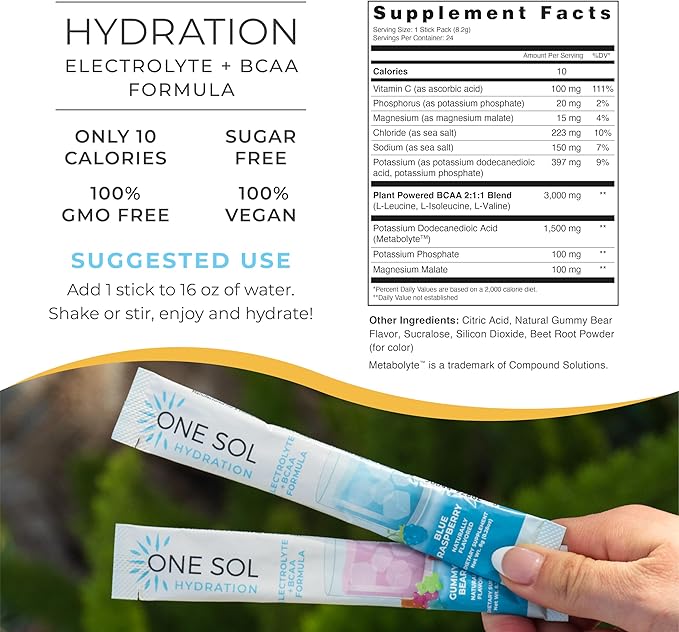 One Sol BCAA & Electrolyte Powder for Hydration & Energy, All-Natural Formula, 100% Vegan, Non-GMO, Gluten Free & Soy-Free, Promotes Muscle Growth & Recovery, Gummy Bear Flavor