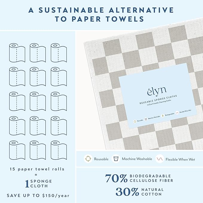 ELYN Swedish Dishcloths, Reusable & Washable Sponge Cloths, Absorbent Cleaning Paper Towels for Kitchen, Dishes, Counters and More, 10 Pack, Grey & Navy Pattern