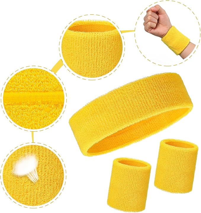 24 Pieces 80s Neon Sweatbands Set, Include 8 Sports Headbands and 16 Sweat Wristbands Elastic Athletic Tennis Sweat Bands Bulk for Man Woman