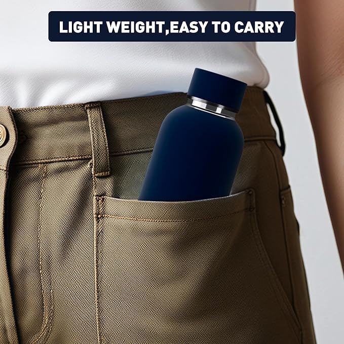 Small Water Bottle 12oz with Clip, Double Wall Stainless Steel Vacuum Small Insulated Water Bottle Keeps Drinks Cold 24 Hrs/Hot 12 Hrs for Kids Handbag School BPA Free (Navy Blue)