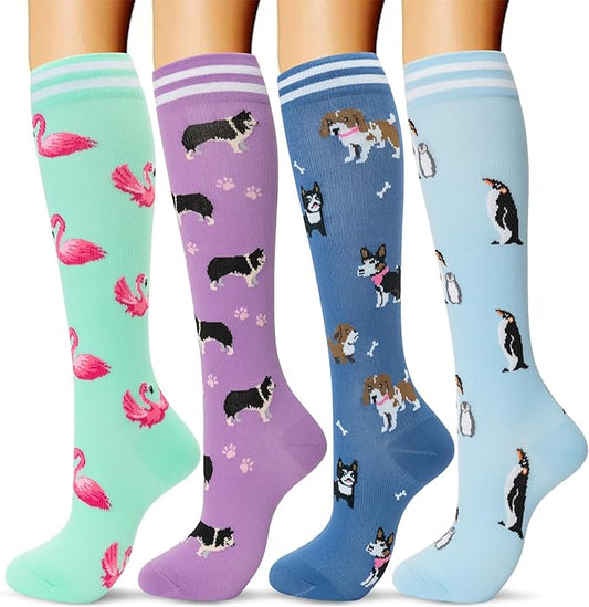 fenglaoda Compression Socks Women Men 4 Pairs, Knee High Support Socks for Running, Sports, Travel, Flight, Nurse