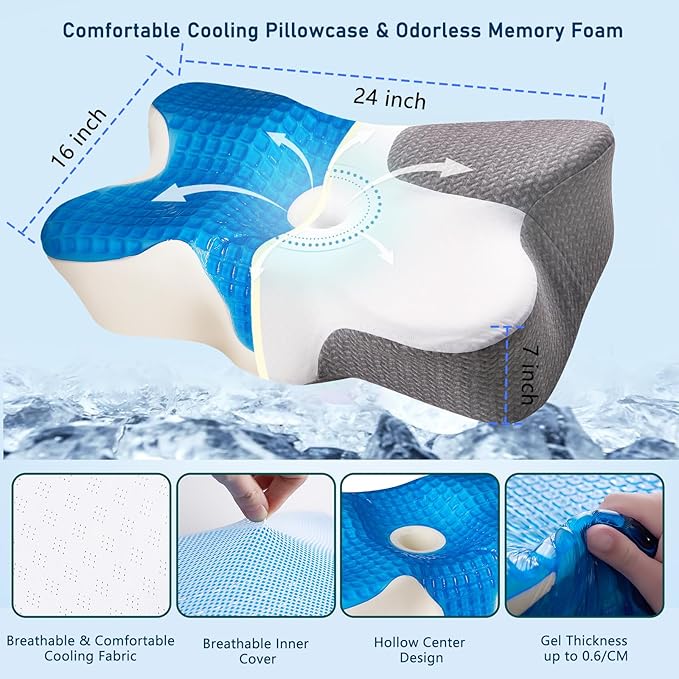 Cooling Gel Pillow,Cooling Cervical Neck Pillow,Gel Memory Foam Pillow,Odorless Ergonomic Contour Pillows,Orthopedic Bed Pillow for Side Back Stomach Sleeper - Dark Grey-White