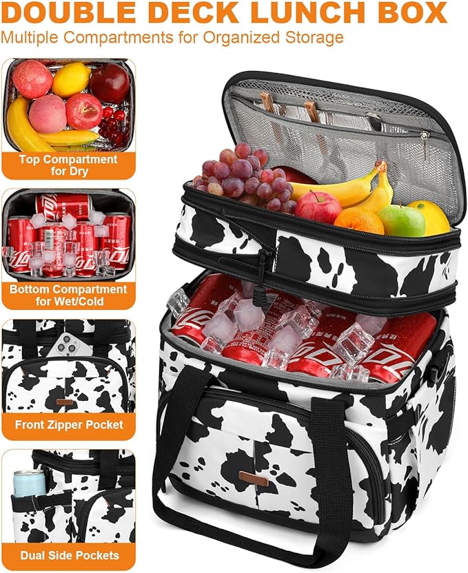 Lunch Box For Men Women Double Deck Insulated Lunch Bag For Men Woman Leakproof Expandable Cooler Bag with Adjustable Shoulder Strap for Work Picnic School(Cow Print,Medium)