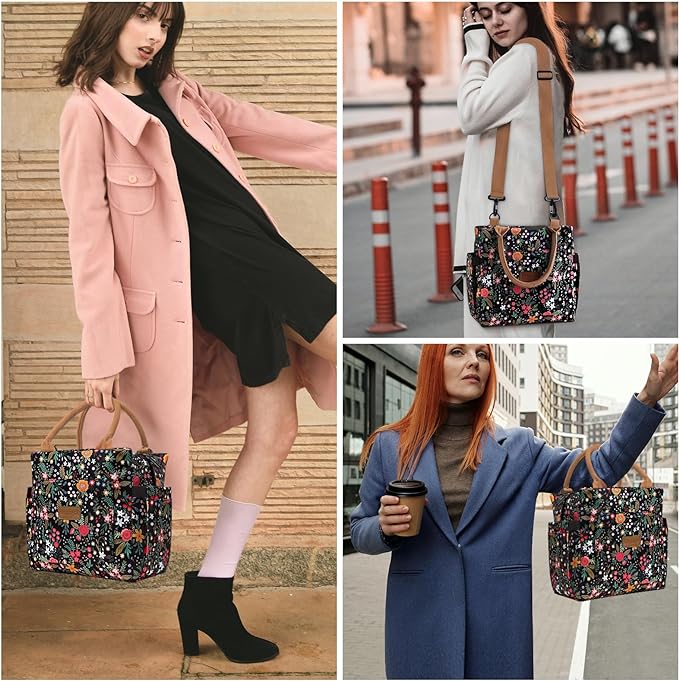 Joymee Lunch Bag Women, Leakproof Insulated Floral Lunch Box with Adjustable Shoulder Strap Large Reusable Adult Lunch Box Lunch Tote Lunch Bag with Water Bottle Holder and Side Pockets-Multi-Floral