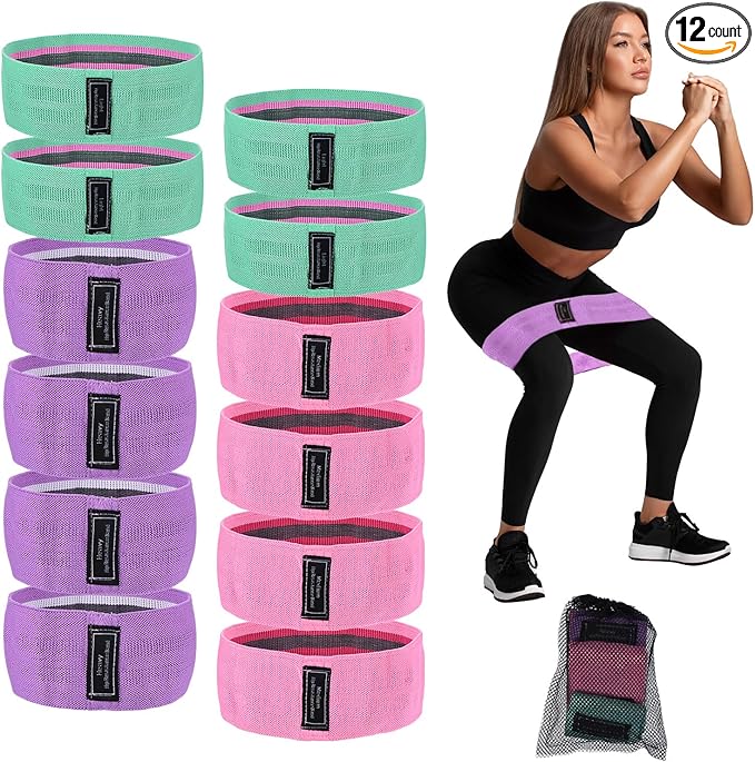 PATIKIL 12 Pieces Booty Resistance Bands for Working Out Non-Slip Workout Bands Fabric Resistance Loops Elastic Exercise Fitness Bands for Women Men Hip Leg Gym, (Level 3 - S/M/L)