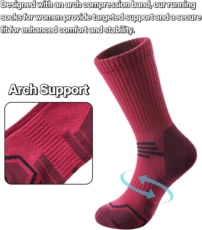 FNOVCO Women's Hiking Walking Running Crew Socks Thick Cushioned Athletic Compression Socks 5 Pairs