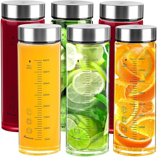 Glass Juice Bottles 6 Pack 16 oz - Wide Mouth Glass Water Bottles with Lids - for Juicing, Protein, Smoothie, Milk, Reusable, BPA Free, Stainless Steel Lids, Blender, Shaker Bottle (16oz/500ml)