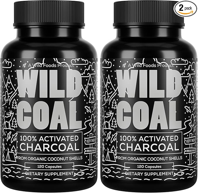 Wild Foods Activated Charcoal Capsules | 100% Organic Coconut Shells Active Tablets for Bloating Relief | Lab Tested & Non-GMO Detox Pills | USA (Two Bottles - 120 Capsules)