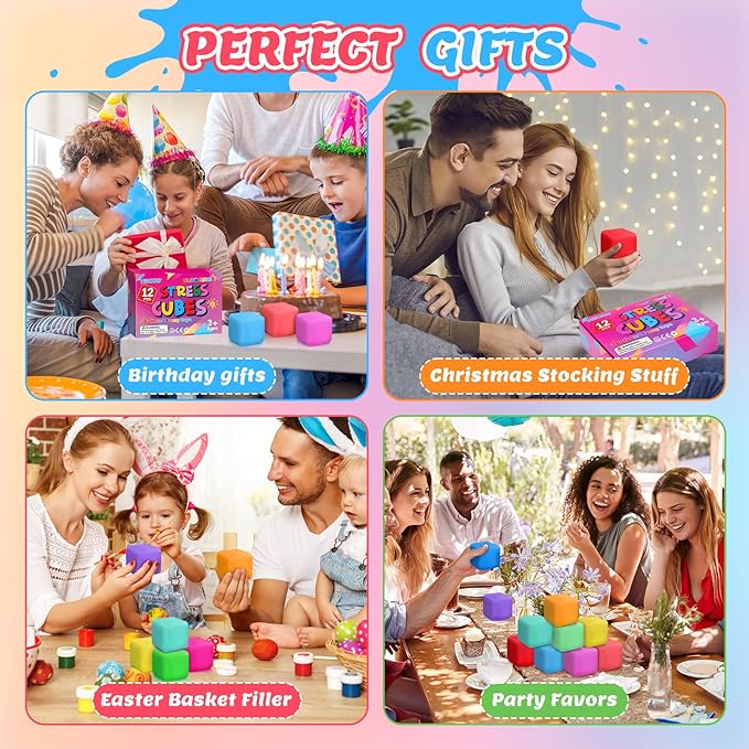 12 Pack Slow Rising Stress Cube, Dough Stress Balls Squishy Fidget Toys for Anxiety Relief, Soft Fidget Cube, Pull Stretch Squishy Toys for Classroom Prize, Party Favors for Kids Adults