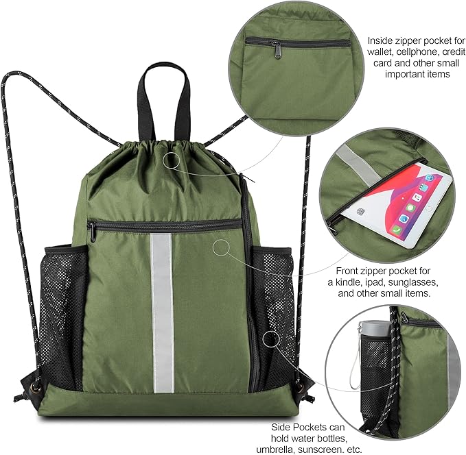BeeGreen Moss Green Drawstring Bag Pack Sport Cinch Sack with Shoe Compartment and Two Side Mesh Pockets Heavy Duty Gym String Backpack for Unisex