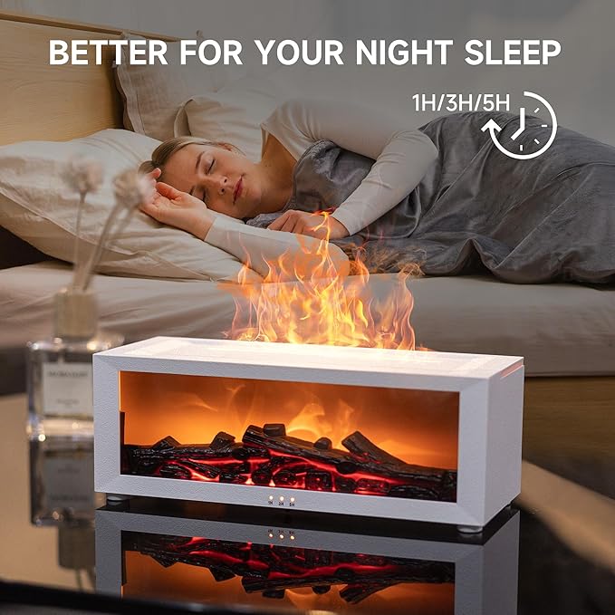 Fireplace Flame Air Diffuser Humidifier,7 Colors Aromatherapy Essential Oil Diffuser,Ultrasonic Aroma Humidifier with Timer for Home,Bedroom,Office,Yoga (WhiteA, L)