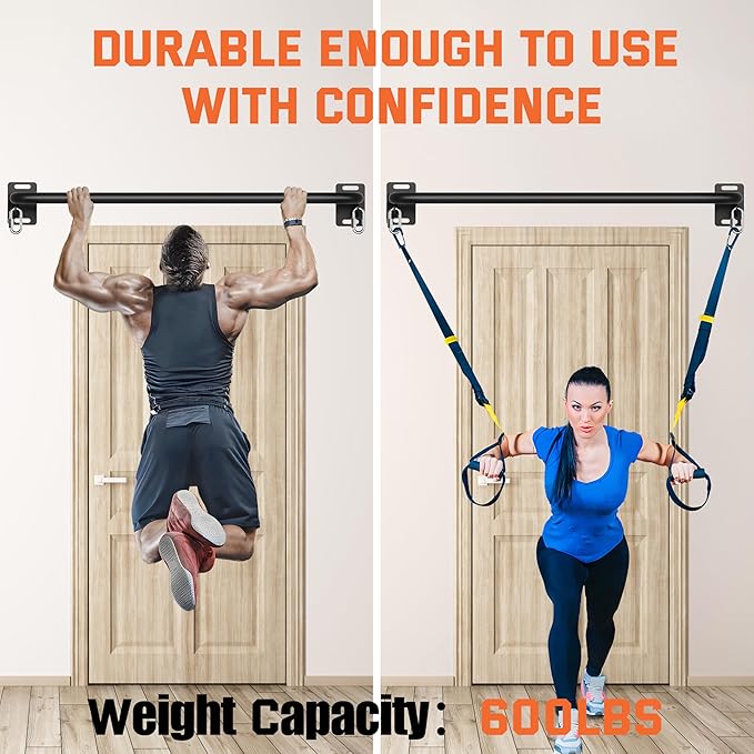 36" Heavy Duty Pull Up Bar Wall/Joist Mounted, 600 LB Capacity, Multi-Grip Bar for Garage & basement rafter Use - All-in-One Workout Station with Carabiners & Space-Saving Design