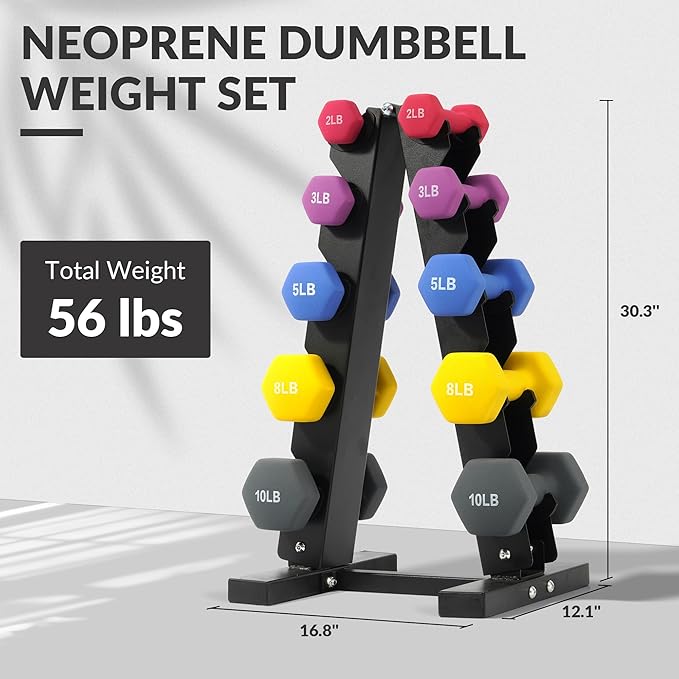 Neoprene Dumbbell Set for Women 2-5 lb | 3 Pairs Hand Weights Set with Rack, Hex Anti-Roll, Color-Coded Home Gym Gifts