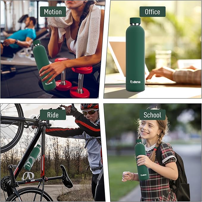 Slim Insulated Water Bottles for Travel 32oz with Clip, Double Wall Vacuum Stainless Steel Water Bottle Keeps Drinks Cold 24 Hrs/Hot 12 Hrs, 100% Leakproof, BPA Free(Emerald Green)