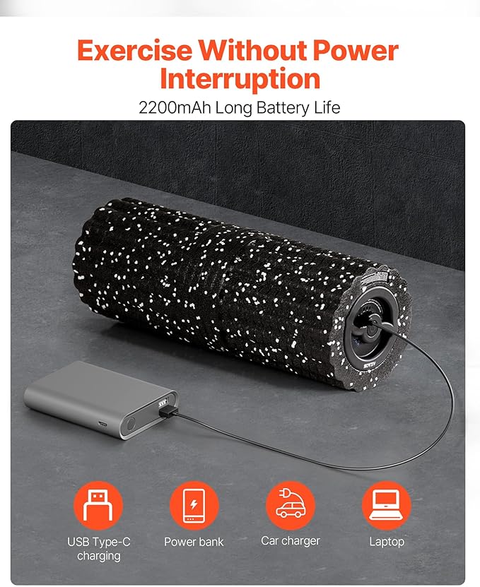 VEVOR 16 Inches Rechargeable Vibrating Foam Roller, 4-Speed Electric Massage Roller with 3D Texture, High-Density EEP Foam for Deep Tissue Muscle Massage, Back Pain Relief, and Post-Exercise Recovery