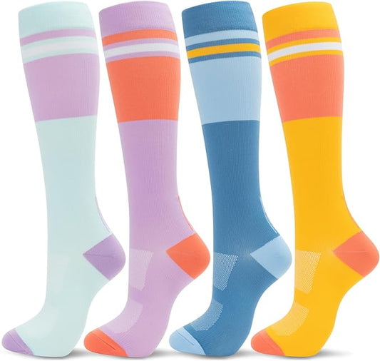 fenglaoda Compression Socks Women Men 4 Pairs, Knee High Support Socks for Running, Sports, Travel, Flight, Nurse