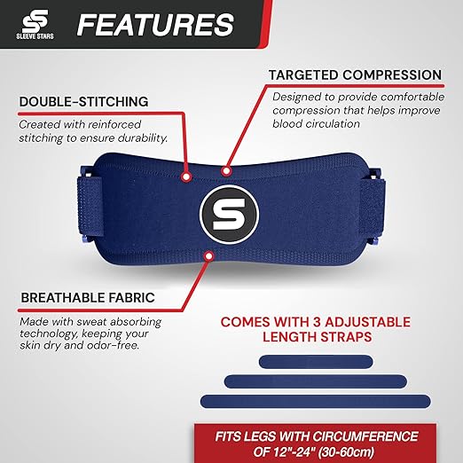Sleeve Stars Swedish Brand Patellar Tendon Support Strap for Women & Men Effective Osgood Schlatter Knee Brace Youth & Kids Knee Brace with 3 Adjustable Length fits 12"-24" (Single/Navy Blue/Adult)