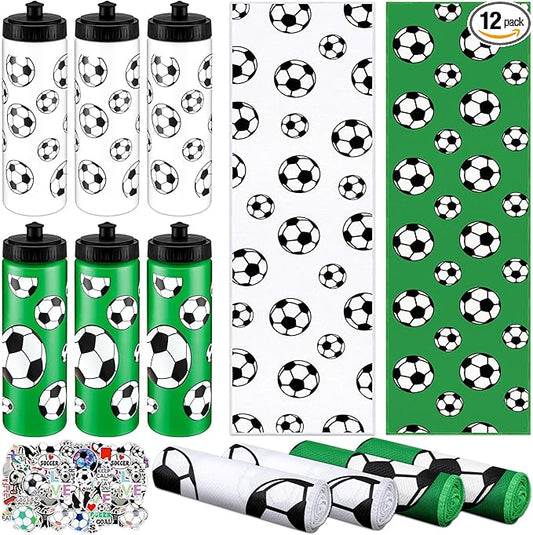 12 Pcs Soccer Water Bottle Soccer Cooling Towel Set with 50 Sticker Sports Party Favors Include 6 Reusable Sports Squeeze Water Bottle 6 Ice Towel Breathable Fast Drying for Team Gifts
