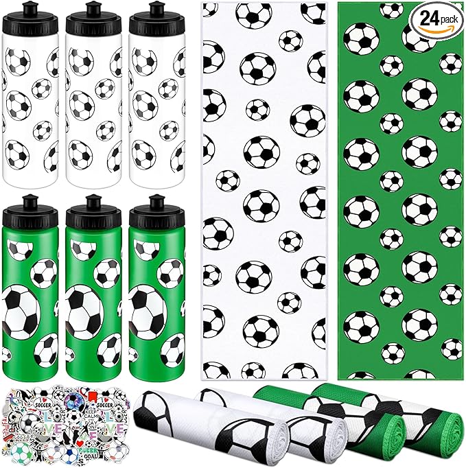 24 Pcs Soccer Water Bottle Soccer Cooling Towel Set with 50 Sticker Sports Party Favors Include 6 Reusable Sports Squeeze Water Bottle 6 Ice Towel Breathable Fast Drying for Team Gifts