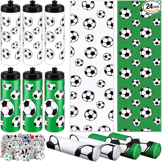 24 Pcs Soccer Water Bottle Soccer Cooling Towel Set with 50 Sticker Sports Party Favors Include 6 Reusable Sports Squeeze Water Bottle 6 Ice Towel Breathable Fast Drying for Team Gifts