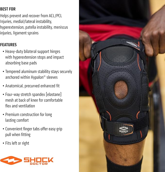Shock Doctor Knee Brace, Compression Knee Brace for Men & Women, Hinged Knee Brace with Side Stabilizers, Maximum Support, Adjustable Dual Hinges, Knee Braces and Knee Support
